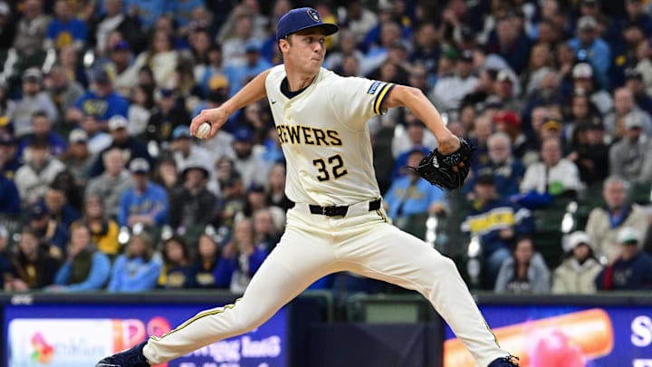 Mar 26, 2026; Milwaukee, Wisconsin, USA; Milwaukee Brewers starting pitcher Jacob Misiorowski (32) throws a pitch in the first inning against the Chicago White Sox at American Family Field. Mandatory Credit: Benny Sieu-Imagn Images
