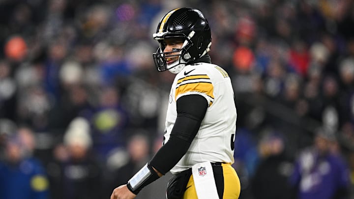 Jan 11, 2025; Baltimore, Maryland, USA; Pittsburgh Steelers quarterback Russell Wilson (3) looks on in the first quarter against the Baltimore Ravens in an AFC wild card game at M&T Bank Stadium. Mandatory Credit: Tommy Gilligan-Imagn Images