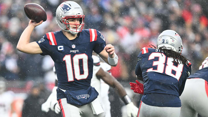 Jan 18, 2026; Foxborough, MA, USA; New England Patriots quarterback Drake Maye (10) throws in the first quarter in an AFC Divisional Round game against the Houston Texans at Gillette Stadium. 