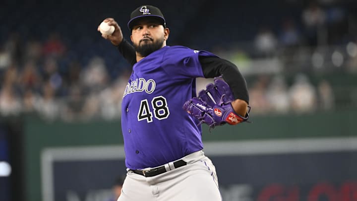 Jun 18, 2025; Washington, District of Columbia, USA; Colorado Rockies starting pitcher German Marquez (48) throws to the Washington Nationals during the first inning at Nationals Park.