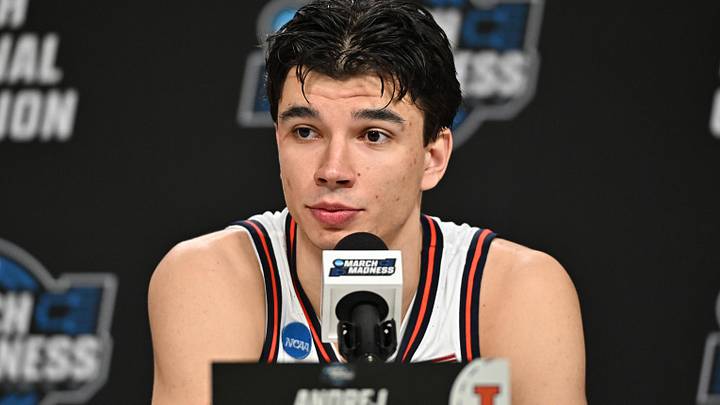 Mar 28, 2026; Houston, TX, USA; Illinois Fighting Illini guard Andrej Stojakovic (2) speaks in a press conference after defeating the Iowa Hawkeyes in an Elite Eight game of the South Regional of the men's 2026 NCAA Tournament at Toyota Center. Mandatory Credit: Maria Lysaker-Imagn Images