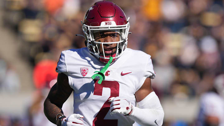 Nov 11, 2023; Berkeley, California, USA; Washington State Cougars wide receiver Kyle Williams (2) during the first quarter against the California Golden Bears at California Memorial Stadium. Mandatory Credit: Darren Yamashita-Imagn Images