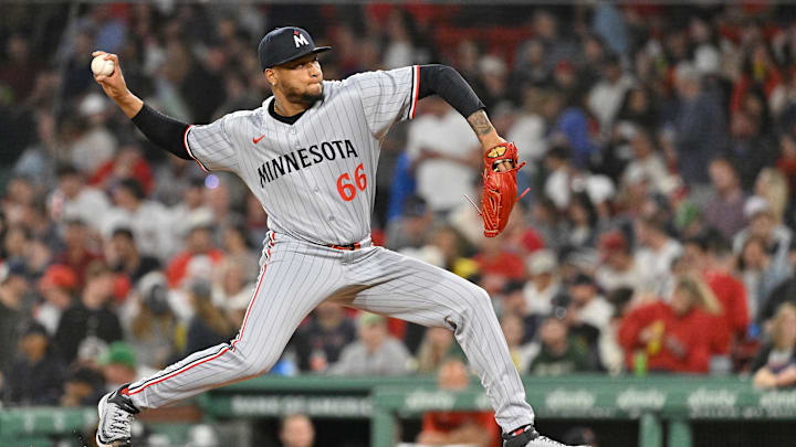 May 2, 2025; Boston, Massachusetts, USA; Minnesota Twins relief pitcher Jorge Alcala (66) pitches against the Boston Red Sox during the eighth inning at Fenway Park.