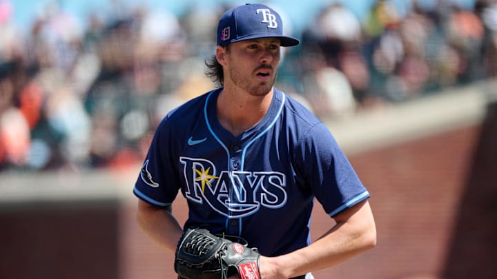 Aug 17, 2025; San Francisco, California, USA; Tampa Bay Rays pitcher Mason Englert (59) looks at the catcher for the sign against the San Francisco Giants during the seventh inning at Oracle Park.