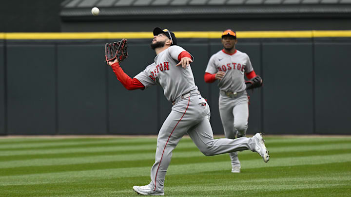 Apr 13, 2025; Chicago, Illinois, USA; Boston Red Sox outfielder Wilyer Abreu (52) catches a fly ball hit by Chicago White Sox third base Lenyn Sosa (50) during the first inning at Guaranteed Rate Field. Mandatory Credit: Matt Marton-Imagn Images Apr 13, 2025; Chicago, Illinois, USA; Boston Red Sox outfielder Wilyer Abreu (52) catches a fly ball hit by Chicago White Sox third base Lenyn Sosa (50) during the first inning at Guaranteed Rate Field. Mandatory Credit: Matt Marton-Imagn Images