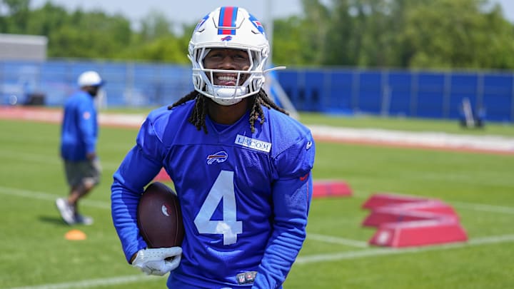 Jun 11, 2025; Orchard Park, NY, USA; Buffalo Bills running back James Cook (4) during Minicamp at Highmark Stadium. Mandatory Credit: Gregory Fisher-Imagn Images Jun 11, 2025; Orchard Park, NY, USA; Buffalo Bills running back James Cook (4) during Minicamp at Highmark Stadium. Mandatory Credit: Gregory Fisher-Imagn Images