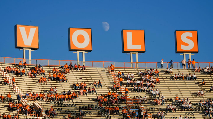 The moon raises behind the VOLS sign before a game between Tennessee and Florida in Neyland Stadium, in Knoxville, Tenn., Oct. 12, 2024.