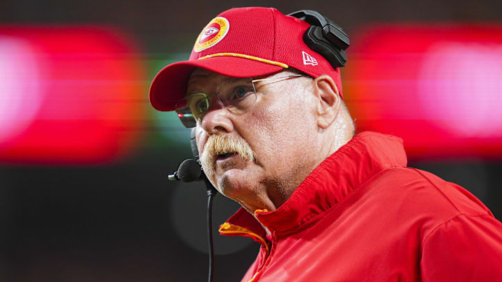 Kansas City Chiefs head coach Andy Reid reacts during the first half against the Baltimore Ravens at GEHA Field at Arrowhead Stadium. 