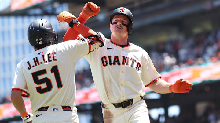 May 21, 2025; San Francisco, California, USA; San Francisco Giants third baseman Matt Chapman (26) celebrates with center fielder Jung Hoo Lee (51) after hitting a solo home run against the Kansas City Royals during the third inning at Oracle Park. May 21, 2025; San Francisco, California, USA; San Francisco Giants third baseman Matt Chapman (26) celebrates with center fielder Jung Hoo Lee (51) after hitting a solo home run against the Kansas City Royals during the third inning at Oracle Park.