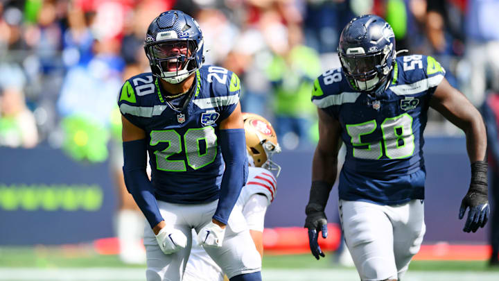 Sep 7, 2025; Seattle, Washington, USA; Seattle Seahawks linebacker Derick Hall (58) and Seattle Seahawks safety Julian Love (20) celebrate after a play during the first half against San Francisco 49ers at Lumen Field. Mandatory Credit: Steven Bisig-Imagn Images Sep 7, 2025; Seattle, Washington, USA; Seattle Seahawks linebacker Derick Hall (58) and Seattle Seahawks safety Julian Love (20) celebrate after a play during the first half against San Francisco 49ers at Lumen Field. Mandatory Credit: Steven Bisig-Imagn Images