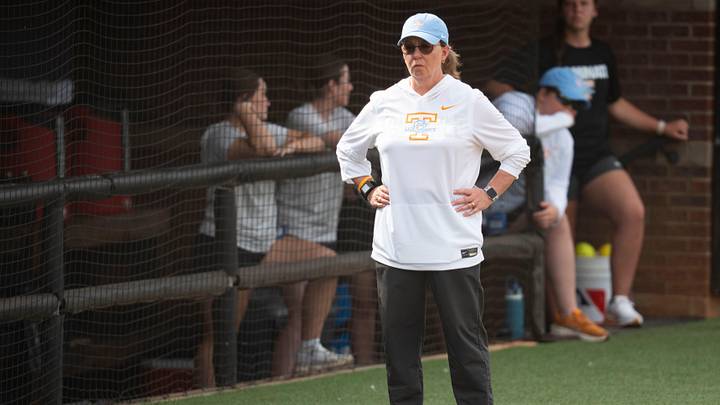 Tennessee softball coach Karen Weekly during the NCAA college softball regional against Virginia on May 16, 2026, in Knoxville, Tennessee.