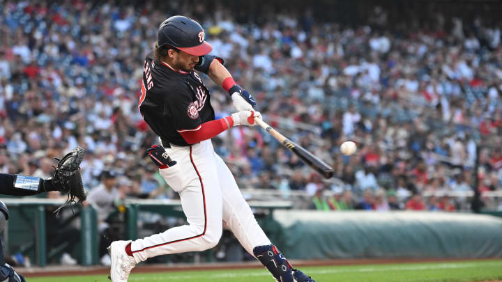 Aug 28, 2024; Washington, District of Columbia, USA; Washington Nationals center fielder Dylan Crews (3) hits his first career home run against the New York Yankees during the first inning at Nationals Park. 
