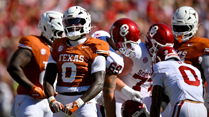 Texas Longhorns linebacker Anthony Hill Jr. celebrates after a defensive stop against the Oklahoma Sooners