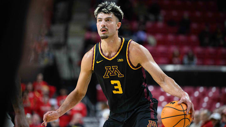 Jan 13, 2025; College Park, Maryland, USA; Minnesota Golden Gophers forward Dawson Garcia (3) handles the ball during the first half against the Maryland Terrapins at Xfinity Center. Mandatory Credit: Reggie Hildred-Imagn Images Jan 13, 2025; College Park, Maryland, USA; Minnesota Golden Gophers forward Dawson Garcia (3) handles the ball during the first half against the Maryland Terrapins at Xfinity Center. Mandatory Credit: Reggie Hildred-Imagn Images
