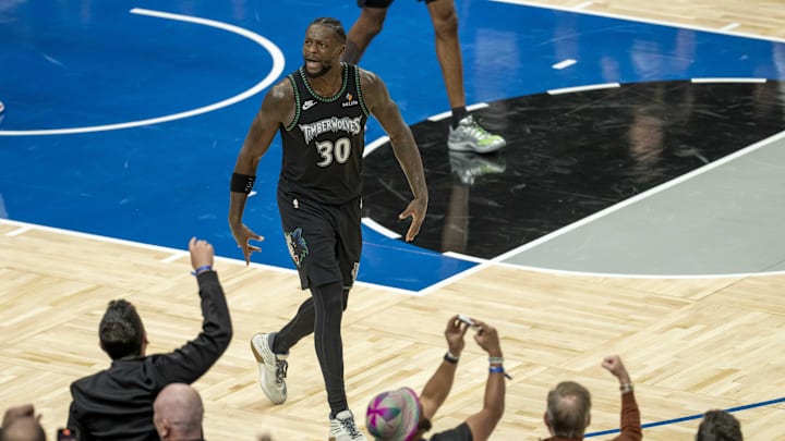 Oct 29, 2025; Minneapolis, Minnesota, USA; Minnesota Timberwolves forward Julius Randle (30) reacts to the fans after making a go ahead shot in the fourth quarter against the Los Angeles Lakers at Target Center. Mandatory Credit: Jesse Johnson-Imagn Images