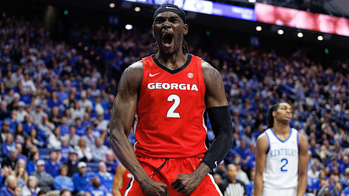 Feb 17, 2026; Lexington, Kentucky, USA; Georgia Bulldogs center Somto Cyril (2) celebrates after dunking the ball during the first half against the Kentucky Wildcats at Rupp Arena at Central Bank Center. Mandatory Credit: Jordan Prather-Imagn Images