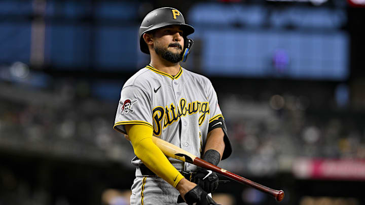 Apr 21, 2026; Arlington, Texas, USA; Pittsburgh Pirates second baseman Nick Gonzales (3) walks to the on deck circle during the game between the Rangers and the Pirates at Globe Life Field. Mandatory Credit: Jerome Miron-Imagn Images