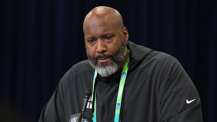 Feb 24, 2026; Indianapolis, IN, USA; Detroit Lions general manager Brad Holmes speaks at the NFL Scouting Combine at the Indiana Convention Center. Mandatory Credit: Kirby Lee-Imagn Images