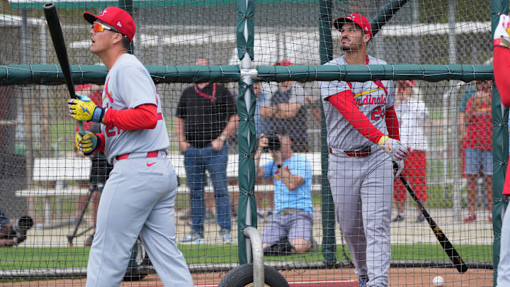 Feb 17, 2025; Jupiter, FL, USA; St. Louis Cardinals third baseman Nolan Arenado (28) takes live batting practice at spring training. Feb 17, 2025; Jupiter, FL, USA; St. Louis Cardinals third baseman Nolan Arenado (28) takes live batting practice at spring training.