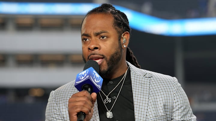 Oct 24, 2024; Inglewood, California, USA; Richard Sherman on the Thursday Night Football Tonight set  at SoFi Stadium. Mandatory Credit: Kirby Lee-Imagn Images