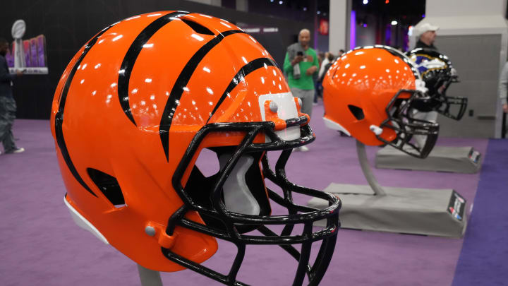 Feb 7, 2024; Las Vegas, NV, USA; A large Cincinnati Bengals helmet at the NFL Experience at the Mandalay Bay South Convention Center. Mandatory Credit: Kirby Lee-USA TODAY Sports Feb 7, 2024; Las Vegas, NV, USA; A large Cincinnati Bengals helmet at the NFL Experience at the Mandalay Bay South Convention Center. Mandatory Credit: Kirby Lee-USA TODAY Sports