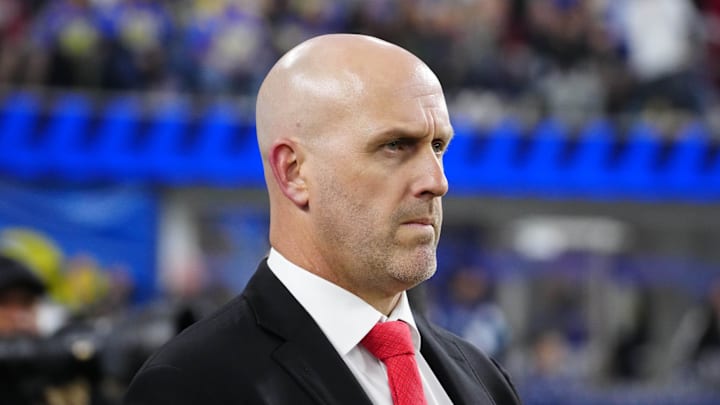 Dec 28, 2024; Inglewood, California, USA; Arizona Cardinals general manager Monti Ossenfort watches from the sidelines against the Los Angeles Rams at SoFi Stadium. Mandatory Credit: Kirby Lee-Imagn Images