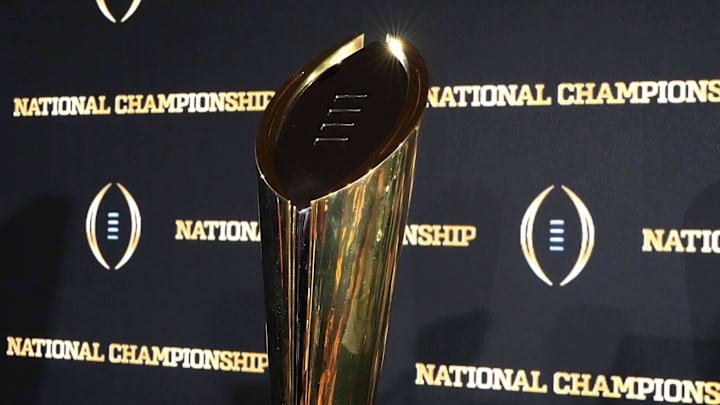 Jan 21, 2025; Atlanta, GA, USA; The College Football Playoff National Championship trophy at press conference at The Westin Peachtree Plaza, Savannah Ballroom. Mandatory Credit: Kirby Lee-Imagn Images