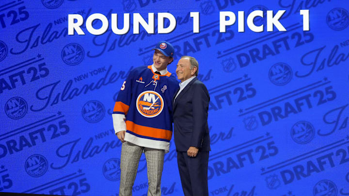 Jun 27, 2025; Los Angeles, California, USA; Matthew Schaefer is selected as the first overall pick to the New York Islanders in the first round of the 2025 NHL Draft at Peacock Theater. Mandatory Credit: Kirby Lee-Imagn Images