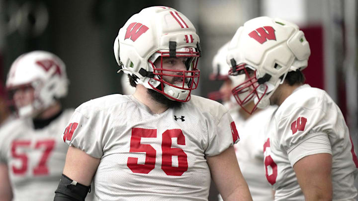 Wisconsin offensive lineman Joe Brunner is shown during spring football practice Wednesday, April 23, 2025 in Madison, Wisconsin