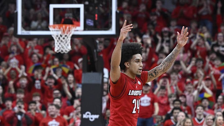 Mar 8, 2025; Louisville, Kentucky, USA; Louisville Cardinals guard Chucky Hepburn (24) reacts during the second half against the Stanford Cardinal at KFC Yum! Center. Louisville defeated Stanford 68-48. Mandatory Credit: Jamie Rhodes-Imagn Images Mar 8, 2025; Louisville, Kentucky, USA; Louisville Cardinals guard Chucky Hepburn (24) reacts during the second half against the Stanford Cardinal at KFC Yum! Center. Louisville defeated Stanford 68-48. Mandatory Credit: Jamie Rhodes-Imagn Images
