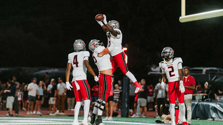 Thompson celebrates a touchdown in their game vs Oak Mountain on Sept. 12, 2025 Thompson celebrates a touchdown in their game vs Oak Mountain on Sept. 12, 2025