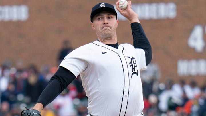 Detroit Tigers pitcher Tarik Skubal (29) pitches the first pitch to Oakland Athletics second base