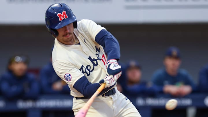 Ole Miss INF Judd Utermark hits a home run against the Murray State Racers at Swayze Field in Oxford, Miss., on March 5, 2025.