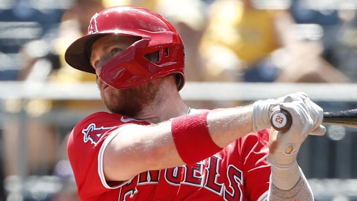 May 8, 2024; Pittsburgh, Pennsylvania, USA; Los Angeles Angels first baseman Brandon Drury (23) hits an RBI double against the Pittsburgh Pirates during the sixth inning at PNC Park May 8, 2024; Pittsburgh, Pennsylvania, USA; Los Angeles Angels first baseman Brandon Drury (23) hits an RBI double against the Pittsburgh Pirates during the sixth inning at PNC Park