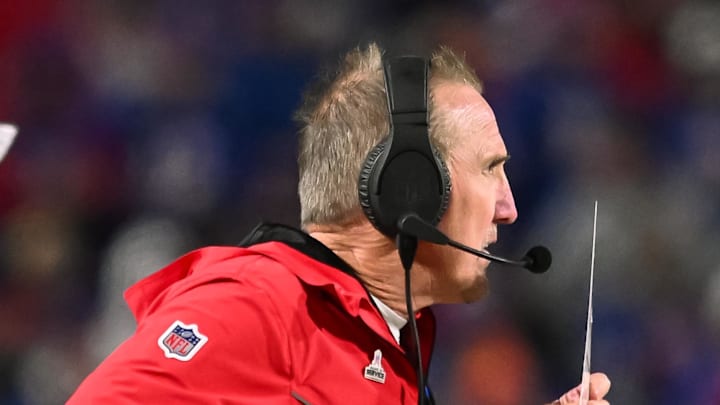 Nov 17, 2024; Orchard Park, New York, USA; Kansas City Chiefs defensive coordinator Steve Spagnuolo on the sidelines in the fourth quarter against the Buffalo Bills at Highmark Stadium. Mandatory Credit: Mark Konezny-Imagn Images