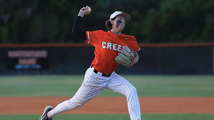 Garrett Grant pitches against Bartram Trail in the Region 1-7A quarterfinals last year. Last week, he scattered four hits in six innings, striking out 10 and walking one, to guide the Hawks past Miami Monsignor Pace, 9-1.