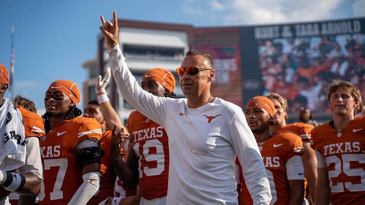Steve Sarkisian throws horns up after beating Texas State 59-7 on Saturday, Sept. 5 at DKR Stadium. Steve Sarkisian throws horns up after beating Texas State 59-7 on Saturday, Sept. 5 at DKR Stadium.