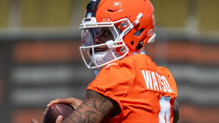 Deshaun Watson, quarterback, throws a pass at the Browns mini camp in Berea on April 21, 2026.
