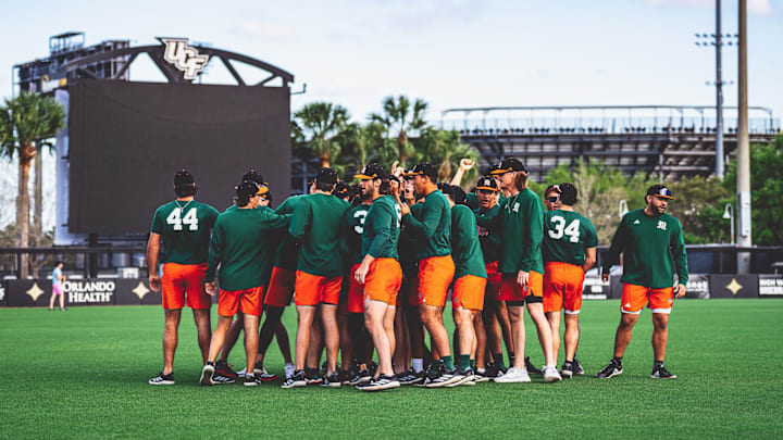 Miami Baseball preparing and warming up at UCF before game on Tuesday.