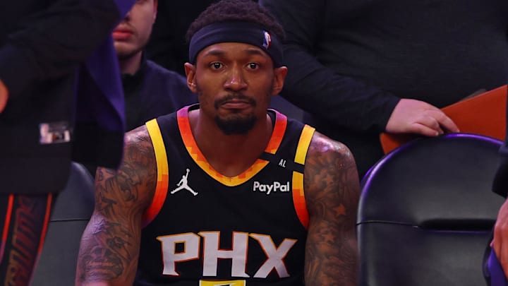 Apr 9, 2025; Phoenix, Arizona, USA; Phoenix Suns guard Bradley Beal (3) reacts on the bench against the Oklahoma City Thunder during the second half at Footprint Center. Mandatory Credit: Mark J. Rebilas-Imagn Images