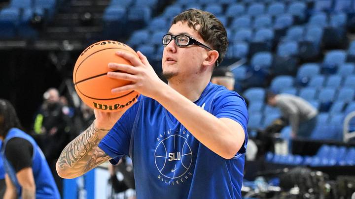 Mar 18, 2026; Buffalo, NY, USA; Saint Louis Billikens center Robbie Avila (21) shoots the ball during a practice session ahead of the first round of the men's 2026 NCAA Tournament at KeyBank Center.