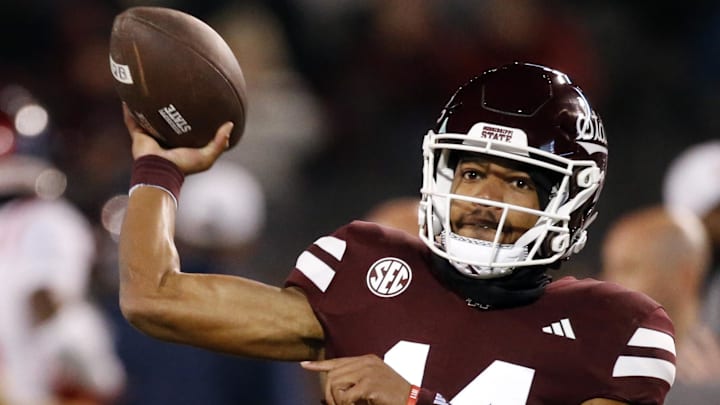 Nov 23, 2023; Starkville, Mississippi, USA; Mississippi State Bulldogs quarterback Mike Wright (14)