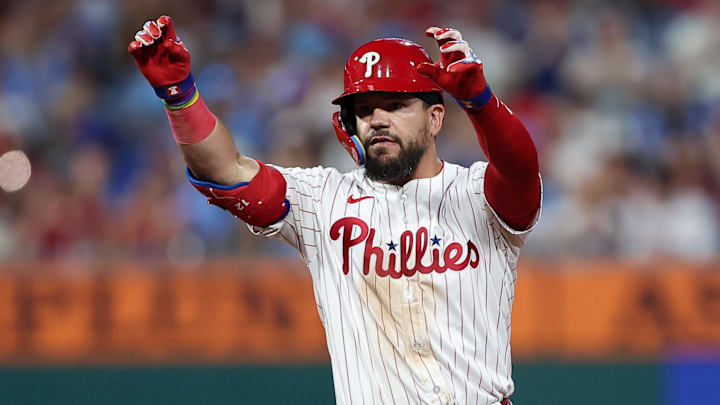Aug 3, 2025; Philadelphia, Pennsylvania, USA; Philadelphia Phillies outfielder Kyle Schwarber (12) reacts after hitting a double against the Detroit Tigers during the sixth inning at Citizens Bank Park. Mandatory Credit: Bill Streicher-Imagn Images Aug 3, 2025; Philadelphia, Pennsylvania, USA; Philadelphia Phillies outfielder Kyle Schwarber (12) reacts after hitting a double against the Detroit Tigers during the sixth inning at Citizens Bank Park. Mandatory Credit: Bill Streicher-Imagn Images
