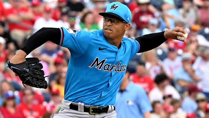 Mar 1, 2024; Clearwater, Florida, USA;  Miami Marlins  pitcher Jesus Luzardo (44) throws a pitch in the first inning of the spring training game against the Philadelphia Phillies at BayCare Ballpark