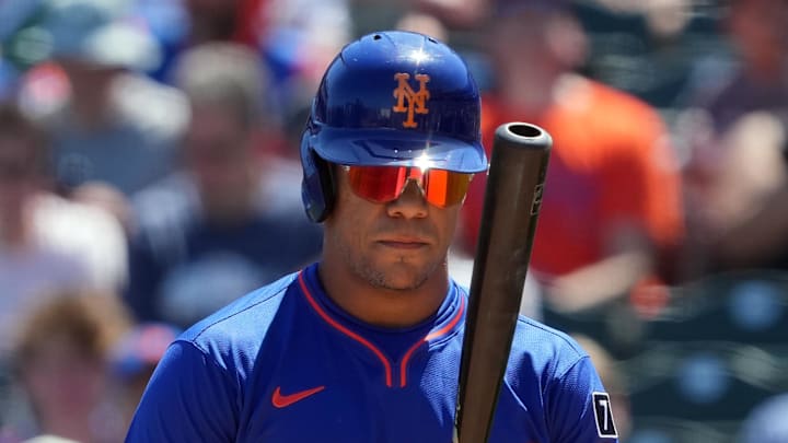 Soto bats during the first inning of a game. 