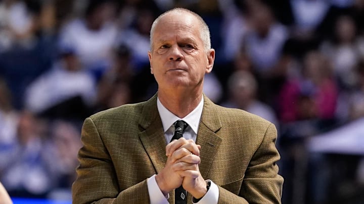 Feb 14, 2026; Provo, Utah, USA; Colorado Buffaloes head coach Tad Boyle looks on during the second half against the BYU Cougars at the Marriott Center. Mandatory Credit: Aaron Baker-Imagn Images