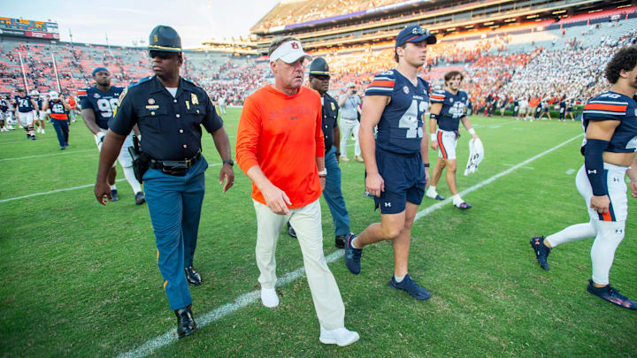 Auburn Tigers head coach Hugh Freeze walks off the field after the game as Auburn Tigers take on Arkansas Razorbacks at Jordan-Hare Stadium in Auburn, Ala., on Saturday, Sept. 21, 2024. Arkansas Razorbacks defeated Auburn Tigers 24-14.