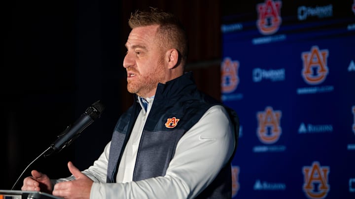 Auburn Tigers football head coach Alex Golesh speaks during a press conference at Woltosz Performance Center in Auburn, Ala. on Monday, Dec. 8, 2025.