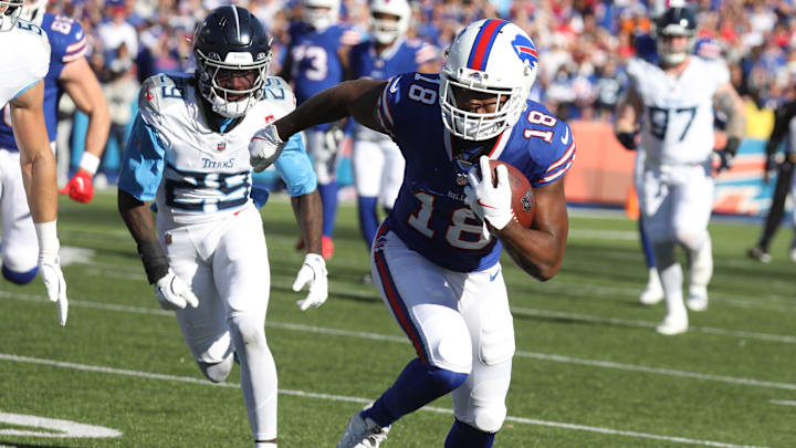 Buffalo Bills' Amari Cooper runs toward the end zone with the ball during the second half at Highmark Stadium in Orchard Park on Oct. 20, 2024. The midseason trade for the wide receiver has paid instant dividends for the Bills.
