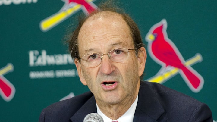 Oct 31, 2011; St. Louis, MO, USA; St. Louis Cardinals chairman Bill DeWitt Jr. addresses the media during the Tony La Russa retirement announcement press conference at Busch Stadium. Mandatory Credit: Photo by Scott Rovak-Imagn Images